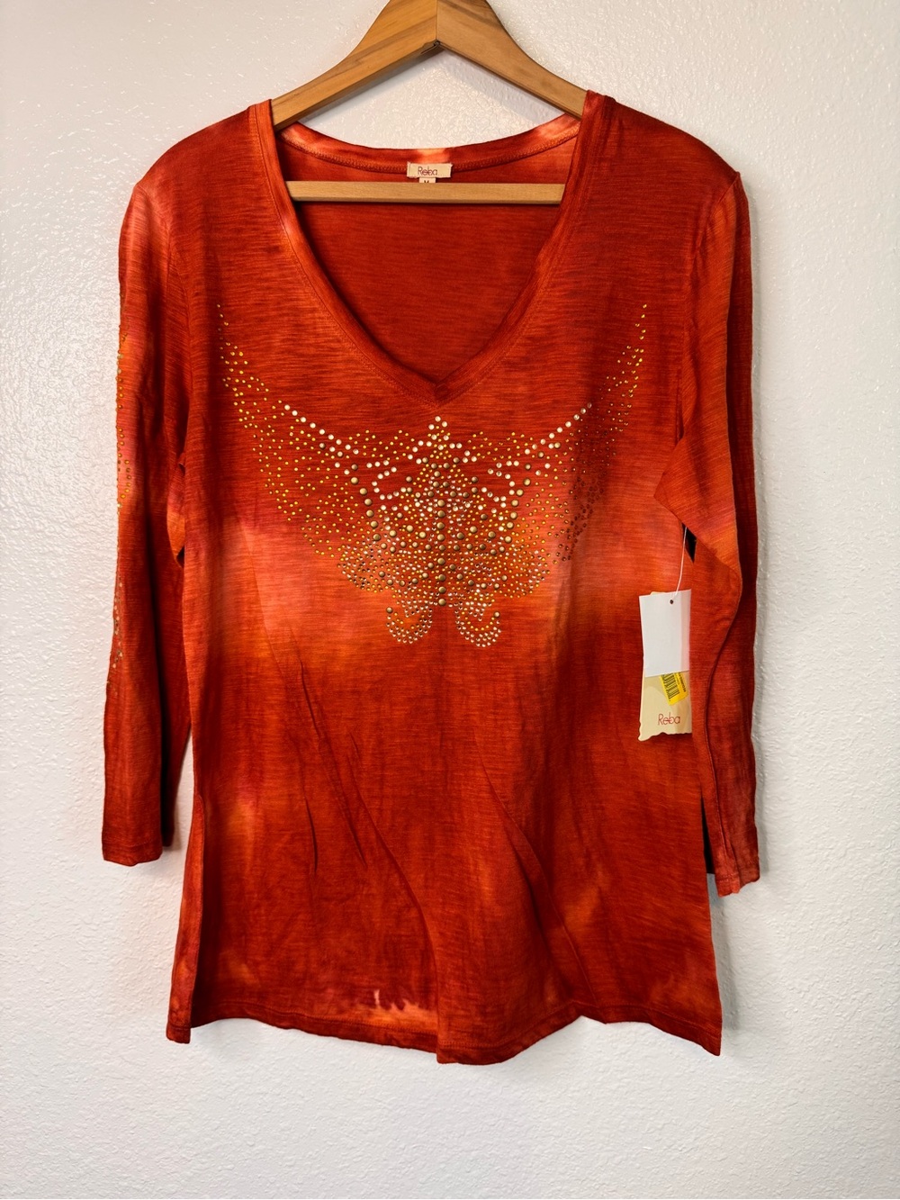 NWT Reba Nashville Dreams Orange Long Sleeve Beaded Embellished Top M